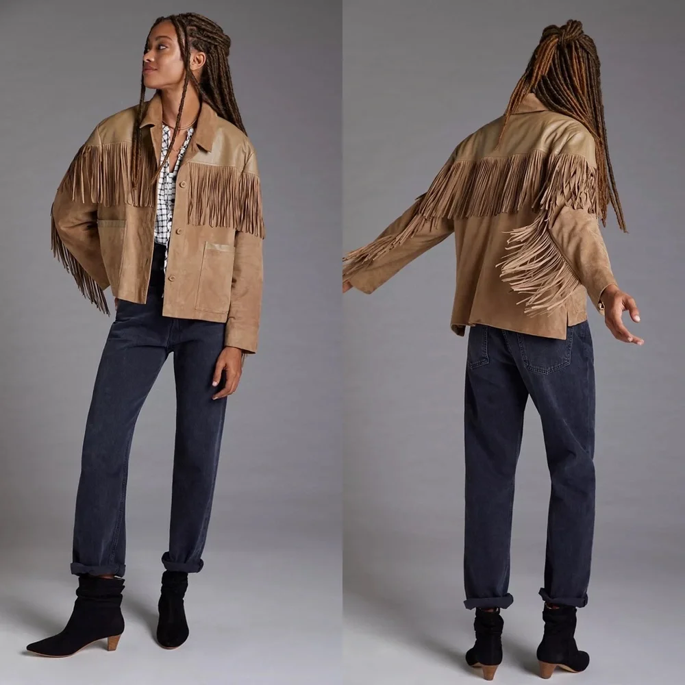 New Anthropologie Lamarque Madeline Fringe Suede Leather Jacket Size Small - Picture 2 of 7